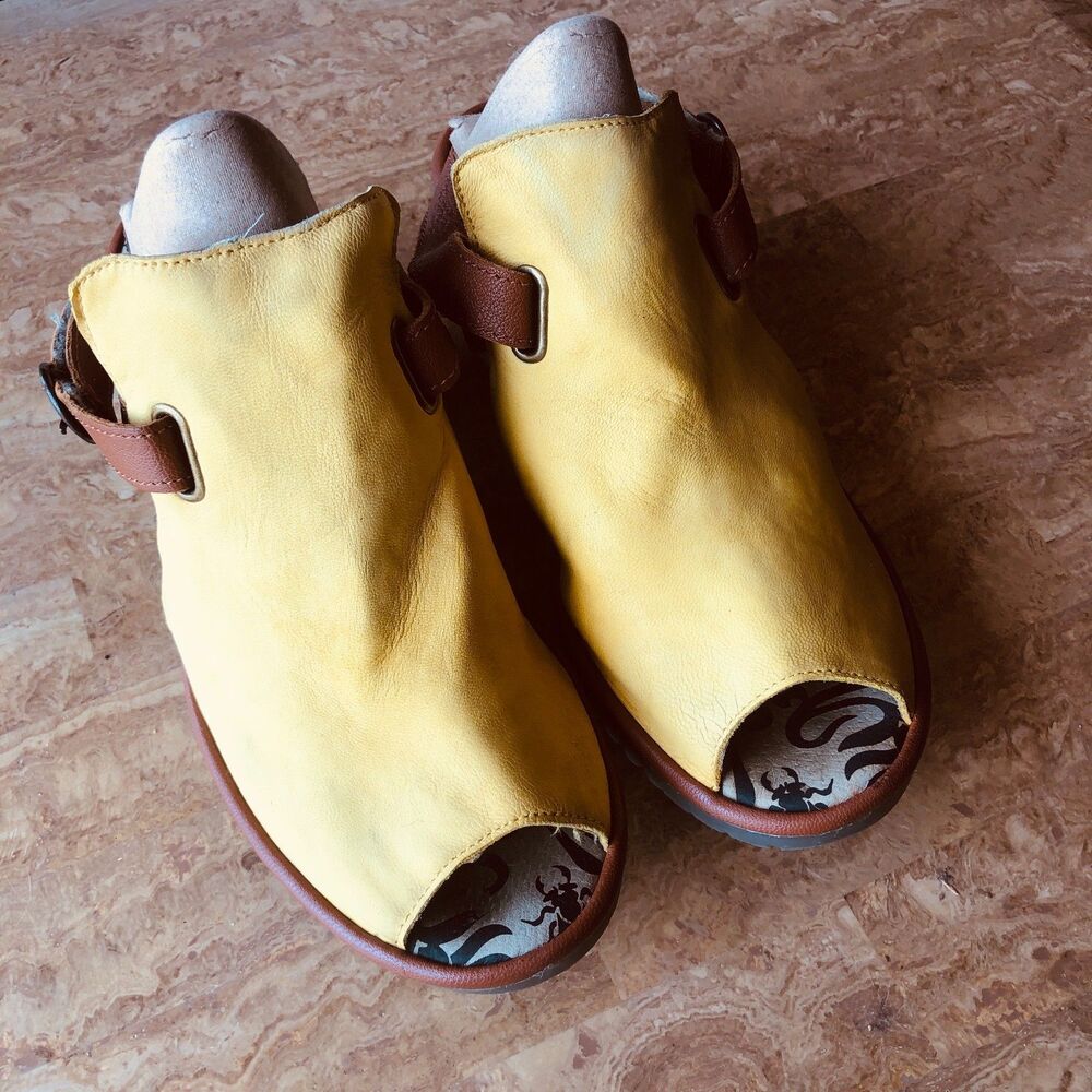 Fly London Wena Yellow Open-Toe Leather Size 11-11.5 W Heel Repair See Pic